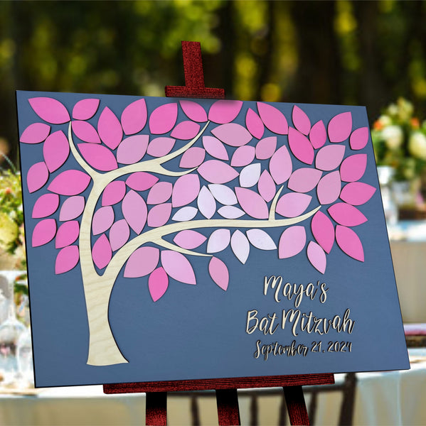 Bat Mitzvah or quince or sweet 16 pink guest book alternative with tree and leaves to sign