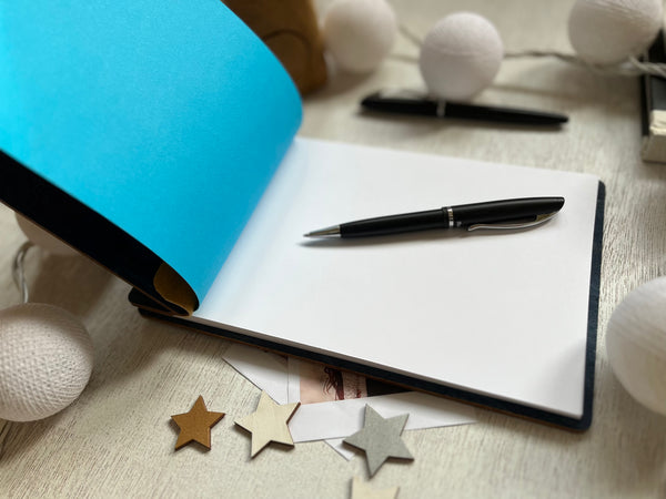 custom Bat mitzvah guest book with navy wooden covers and personalized engraved details