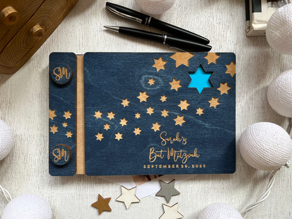 Bat mitzvah guest book for best wishes with personalized engraved wooden cover and engraved stars