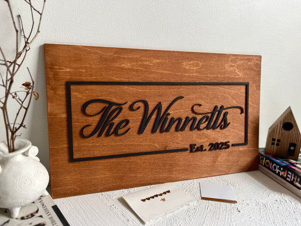 3D Last Name/Company Logo Sign, Established Wood Custom Sign with Gold Text for home, office, family reunion