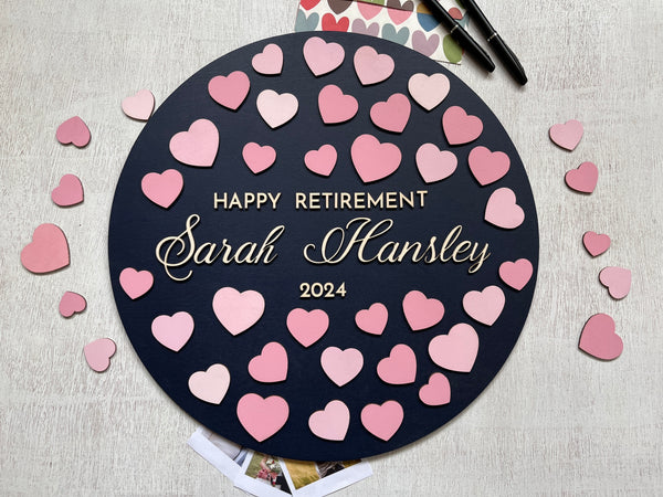 custom colors retirement guest book made of wood with hearts to sign and personalized text