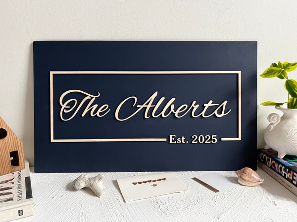 personalized last name sign with established year made on custom colored wood for home decor or office
