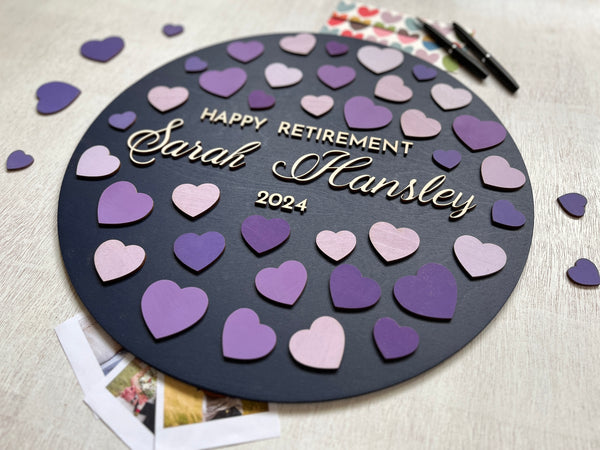 personalized retirement guest book alternative round board with purple hearts to sign