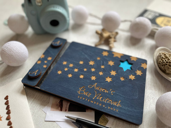 personalized Bar Mitzvah guest book album with stars made of wood with engraved details