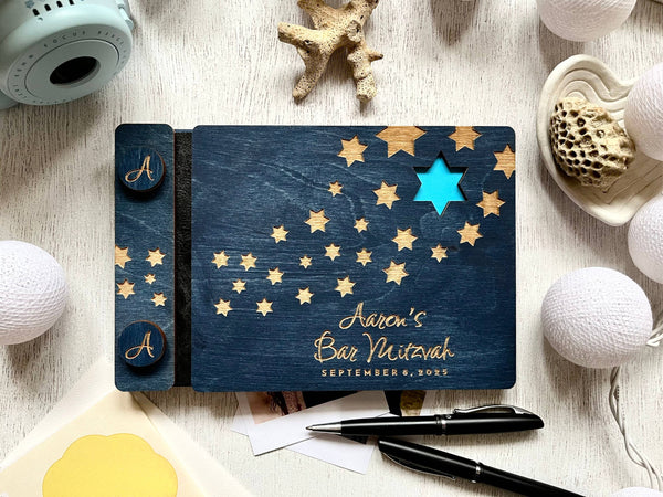 Bar Mitzvah guest book album with stars made of wood with engraved details