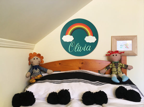 Baby girl room sign personalized with name and rainbow and clouds made of wood with customizable colors
