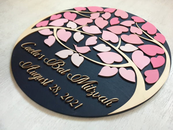 the guest book alternative for the bat mitzvah is made with 3D wood and can be fully customized to match your room or party colors