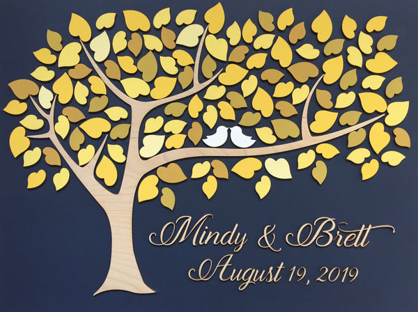 wooden heart guest book with yellow and fall shades for hearts made in Canada by SignYouStyle