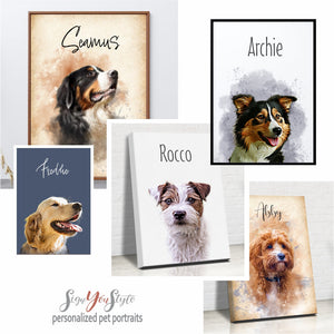 personalized pet portraits on canvas or poster or digital download, painting made after photos of your dog, cat, rabbit, Komodo dragon or mini cow