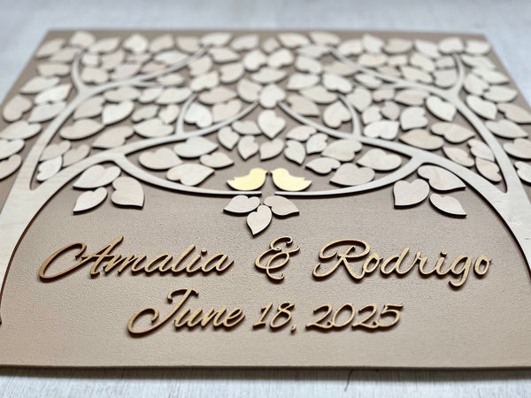 stylish guest book alternative with leaves to sign and gold personalized text with gold birds