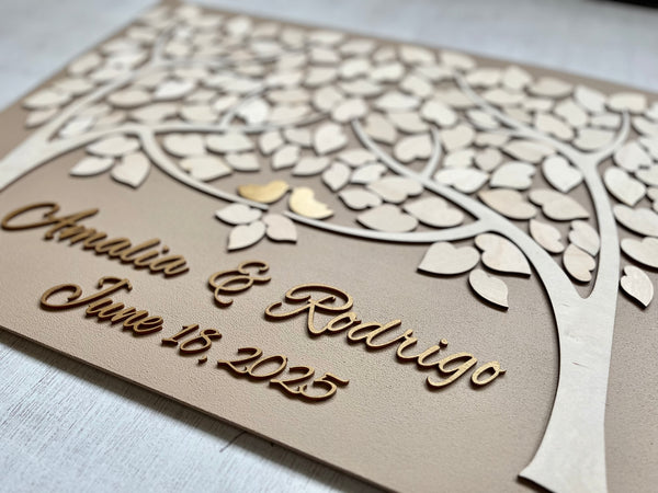 stylish guest book alternative with leaves to sign and gold personalized text with gold birds