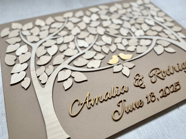 stylish guest book alternative with leaves to sign and gold personalized text with gold birds
