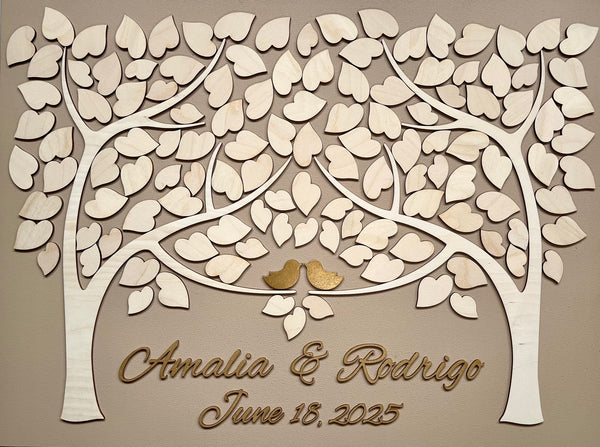 stylish guest book alternative with leaves to sign and gold personalized text with gold birds