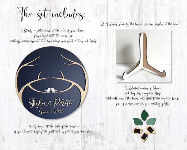 Magnetic guest book alternative set, interactive guest book signing board, personalized wedding sign in with two trees coming as one- teal, box and holder included