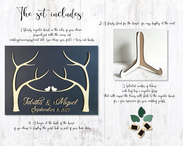 Magnetic wedding guest book alternative in 3D with two trees, green leaves, personalized sign