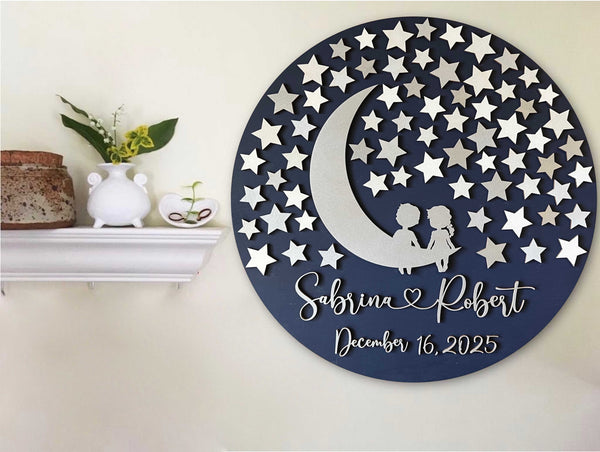 Round wedding guest book alternative with stars, moon and personalized names and wedding date on a navy blue background