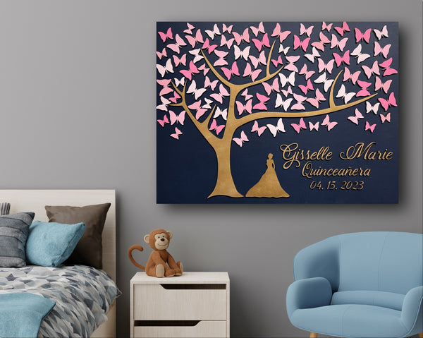 Bat Mitzvah or Bar Mitzvah, Qince or sweet 16 guest book personalized with the name of the birthday girl or boy made with butterflies and a tree of life