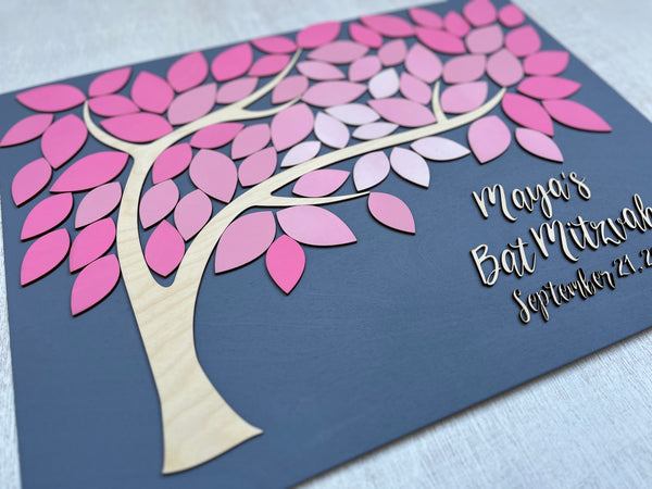 pink guest book alternative with tree and leaves to sign for Bat Mitzvah, Quinceanera or sweet 16