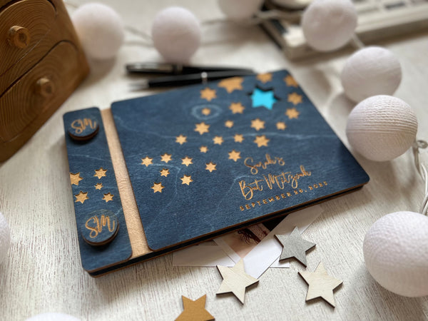 Bat mitzvah guest book with custom engraved stars and name of the birthday girl