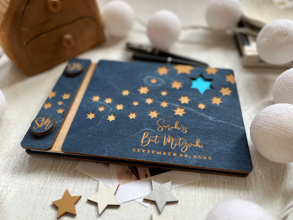 navy Bat Mitzvah guest book with stars and personalized name and birthday date