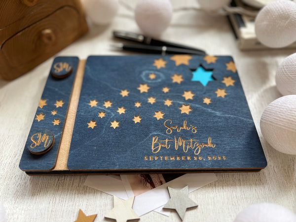 custom Bat mitzvah guest book with navy wooden covers and personalized engraved details