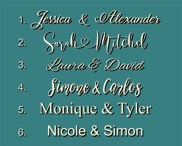 examples of fonts to show the first names of bride and groom