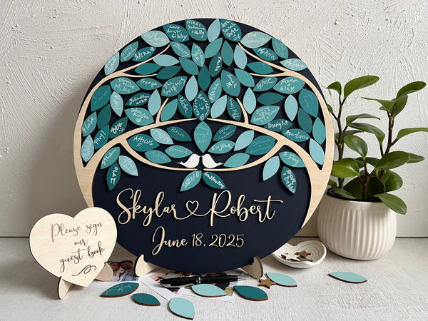 Magnetic guest book alternative, personalized wedding sign in with two trees coming as one, two families join - teal