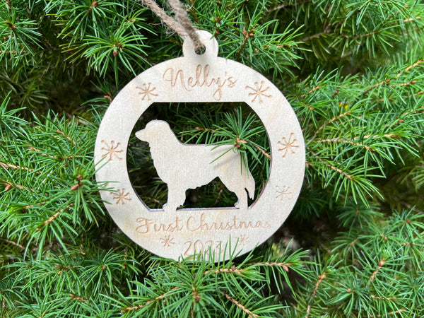 personalized puppy's first Christmas ornament round with golden retriever silhouette
