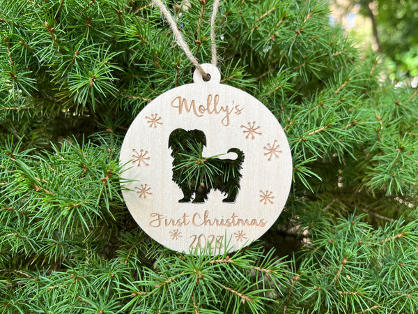 puppy ornament with personalized name and year and dog breed or dog mix silhouette cutout