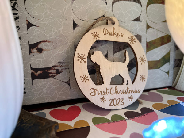 personalized puppy's first Christmas ornament round with golden doodle silhouette