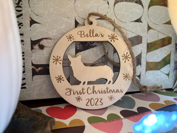 corgi puppy Christmas ornament personalized with your dog's name and a corgi silhouette