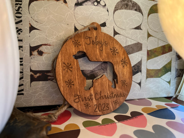 golden retriever Christmas ornament in brown stain wood