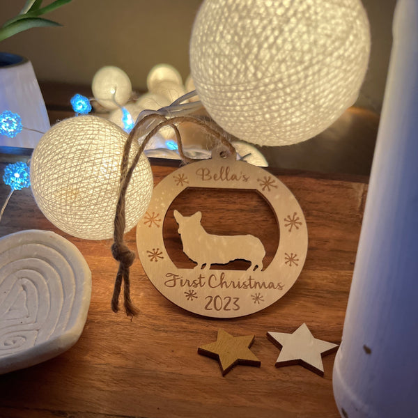 corgi puppy first Christmas ornament custom engraved wood ornament