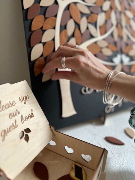 Magnetic wedding guestbook alternative, 3D puzzle with two trees, unique wedding sign in, coffee brown colors