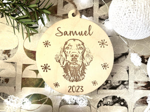 personalized dog portrait engraved on wood tree ornament