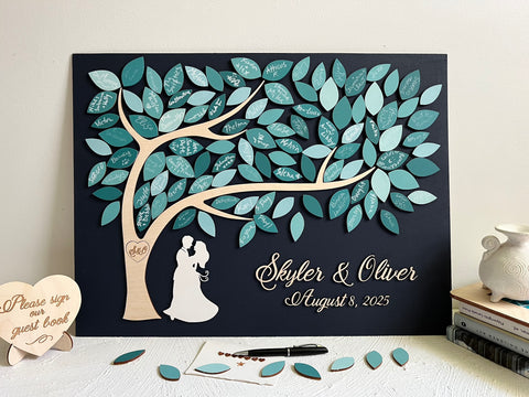 Teal guest book alternative with couple and tree of life fully personalized for wedding, anniversary or newlyweds gift