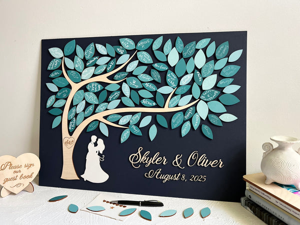 Teal guest book alternative with couple and tree of life fully personalized for wedding, anniversary or newlyweds gift