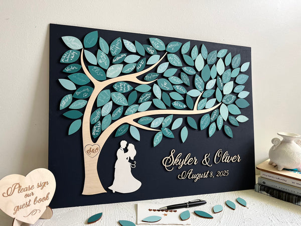 Teal guest book alternative with couple and tree of life fully personalized for wedding, anniversary or newlyweds gift