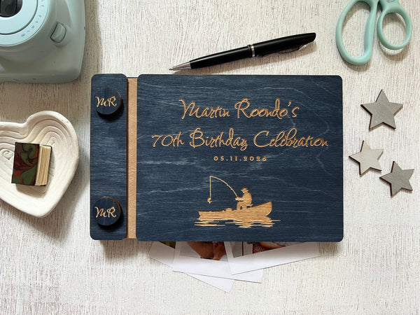 Guest book for 70th birthday celebration with fishing theme, personalized for the person celebrating the birthday or retirement. The guest book cover is custom engraved. 
