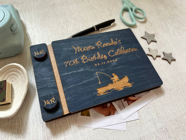 Guest book for 70th birthday celebration with fishing theme, personalized for the person celebrating the birthday or retirement. The guest book cover is custom engraved. 