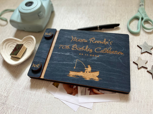 Guest book for 70th birthday celebration with fishing theme, personalized for the person celebrating the birthday or retirement. The guest book cover is custom engraved. 