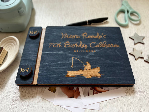 Guest book for 70th birthday celebration with fishing theme, personalized for the person celebrating the birthday or retirement. The guest book cover is custom engraved. 