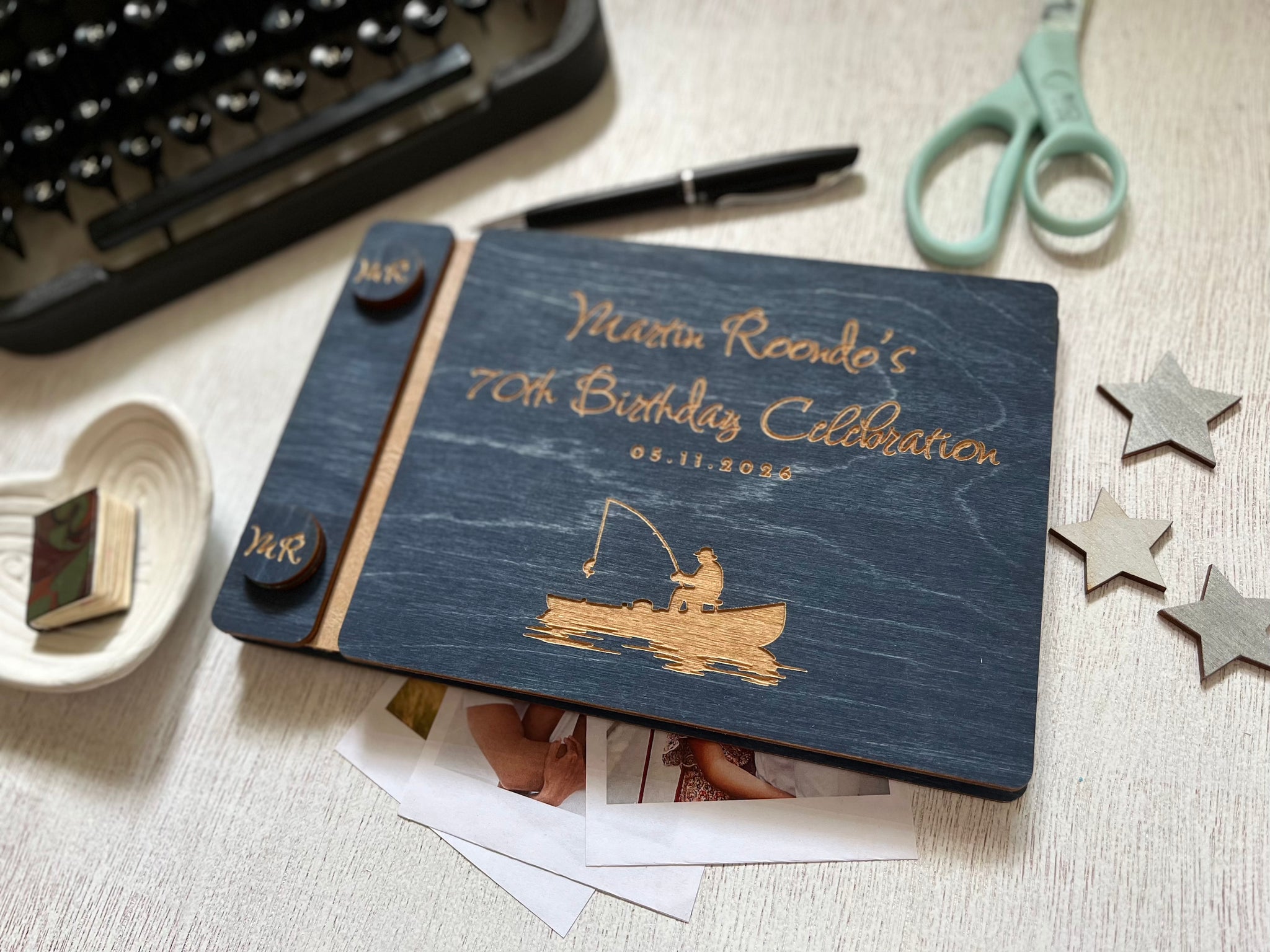 Guest book for 70th birthday celebration with fishing theme, personalized for the person celebrating the birthday or retirement. The guest book cover is custom engraved. 