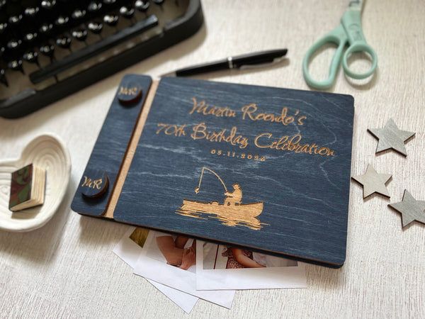 Guest book for 70th birthday celebration with fishing theme, personalized for the person celebrating the birthday or retirement. The guest book cover is custom engraved. 