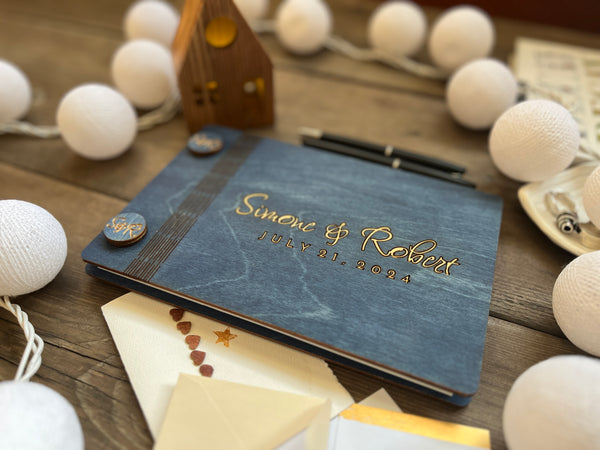 classic wedding guestbook with gold lettering