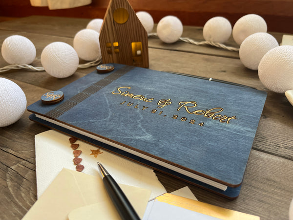 personalized guest book with elegant gold lettering