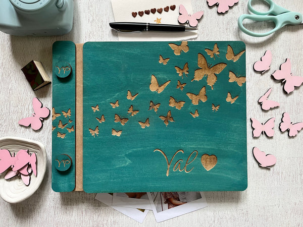 Teal diary with butterfly design and personalized engraving- with wood covers and custom engraved buttons with initials