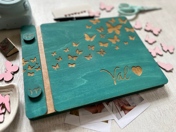 Teal diary with butterfly design and personalized engraving- with wood covers and custom engraved buttons with initials