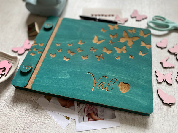 Teal diary with butterfly design and personalized engraving- with wood covers and custom engraved buttons with initials