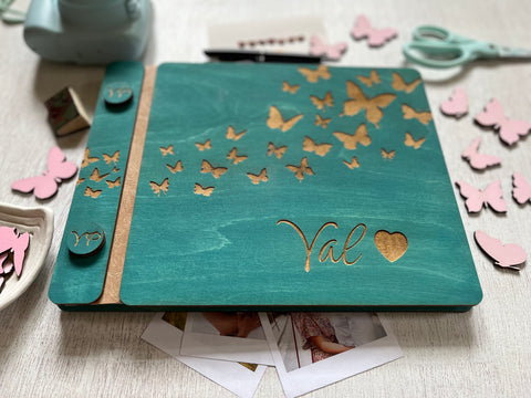 Teal diary with butterfly design and personalized engraving- with wood covers and custom engraved buttons with initials